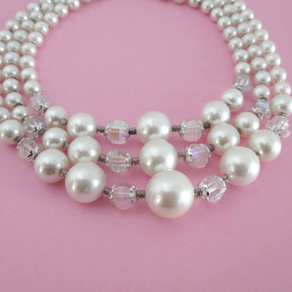 Glass Pearl Bead Necklace Triple Strand Crystals - Picture 7 of 8